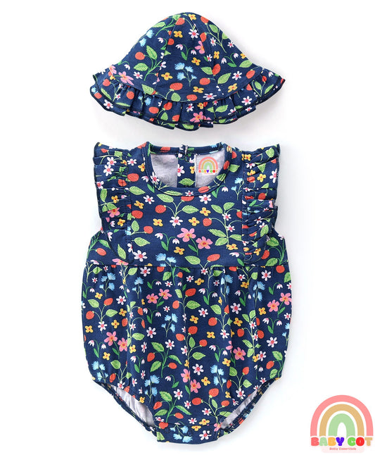 100% Cotton Interlock Knit Sleeveless Onesies With Cap & Floral Print - Navy Blue
