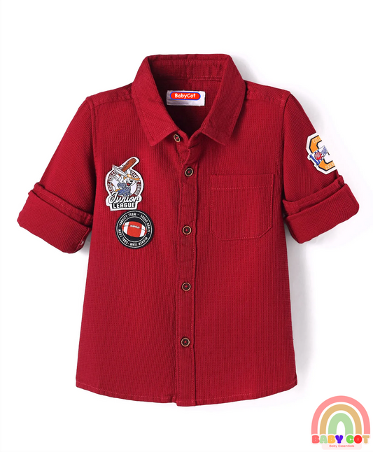 Cotton Woven Full Sleeves Shirt with Text Patch Detailing - Red