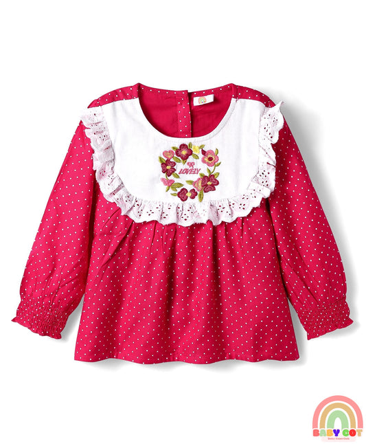 Woven Full Sleeves Rayon Top With Frill Detailing & Floral Embroidery - Dark Pink