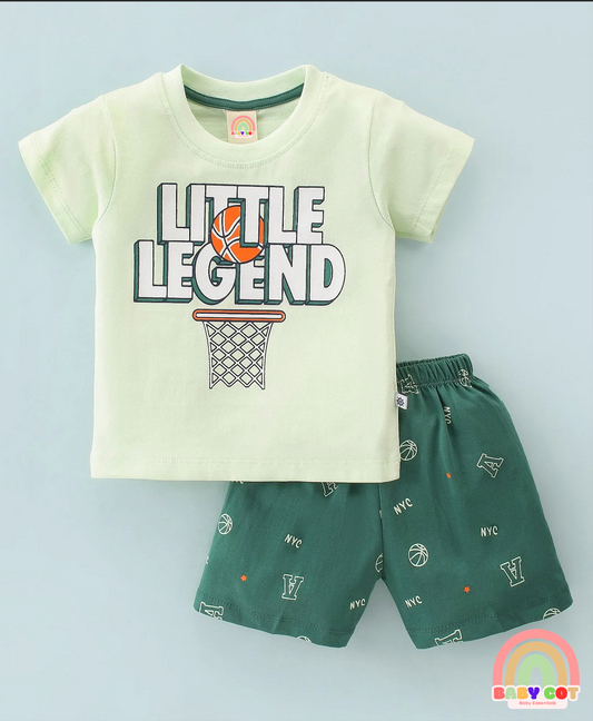 100% Cotton Knit Half Sleeves T-Shirt & Shorts With Text Print - Green
