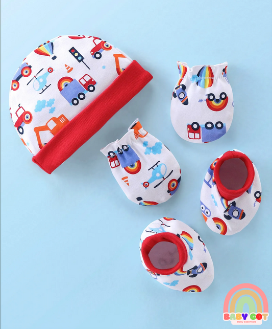 100% Cotton Cap Mittens & Booties Set Truck Print - Red & White