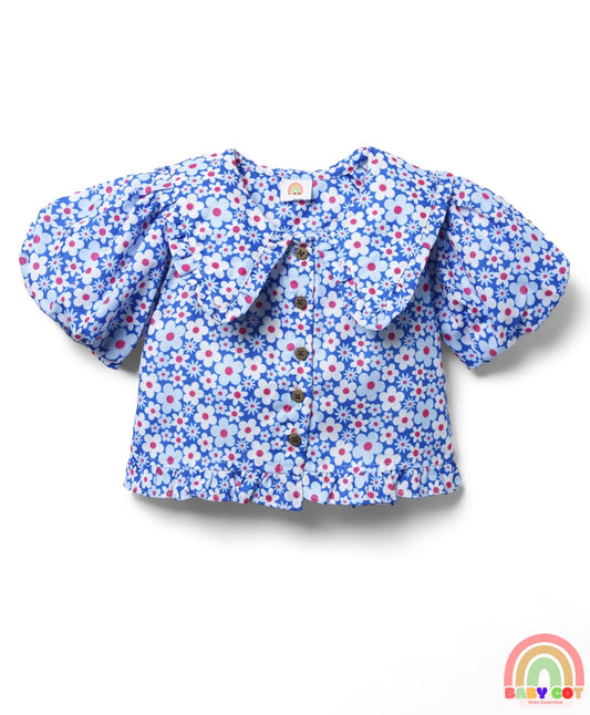 Woven Half Puffed Sleeves Peter Pan Collared Top with Floral Print - Blue