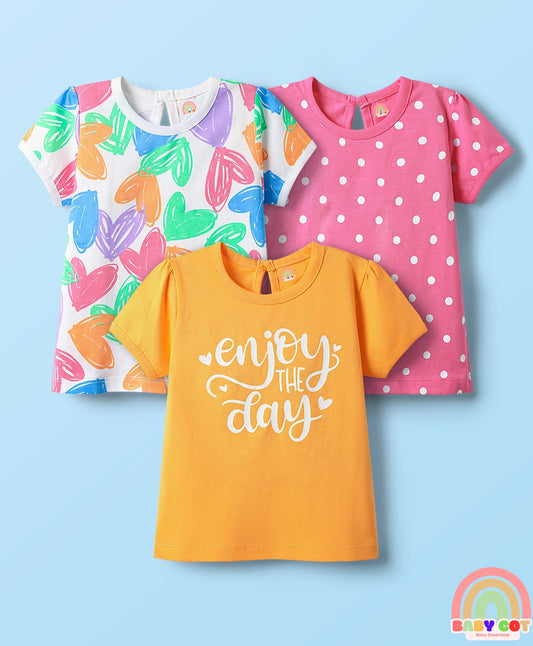 100% Cotton Knit Half Sleeves T-Shirts With Polka Dots Heart & Enjoy The Day Text Print Pack of 3 - Pink & White