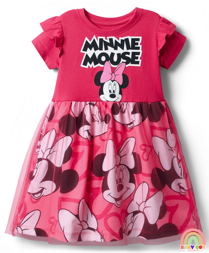 Single Jersey Knit Half Sleeves Frock With Minnie Mouse Graphics & Frill Detailing - Dark Pink
