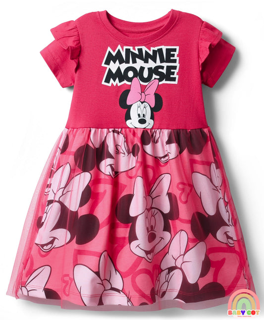 Single Jersey Knit Half Sleeves Frock With Minnie Mouse Graphics & Frill Detailing - Dark Pink