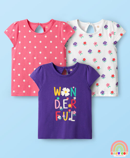 Cotton Knit Half Sleeves T-Shirts With Tropical Print Pack Of 3 -Purple & Pink