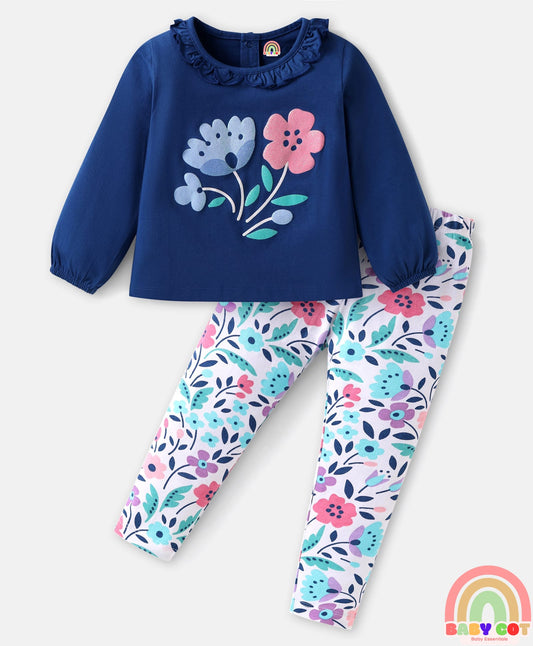 Single Jersey Knit Full Peasant Sleeves Top & Leggings with Floral Print - Navy Blue & White