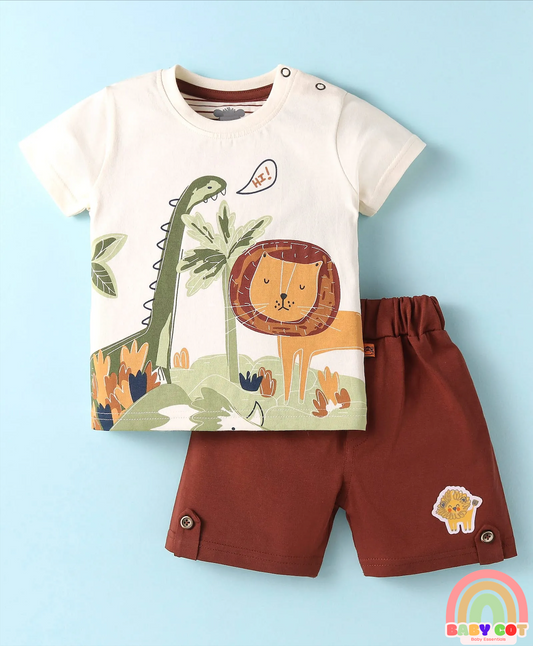 Sinker Knit Half Sleeves T-Shirt & Shorts Set with Jungle Theme Print - Brown