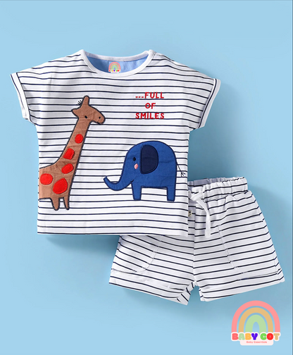 Interlock Knit Half Sleeves Striped T-Shirt & Shorts Set With Animal Print - White
