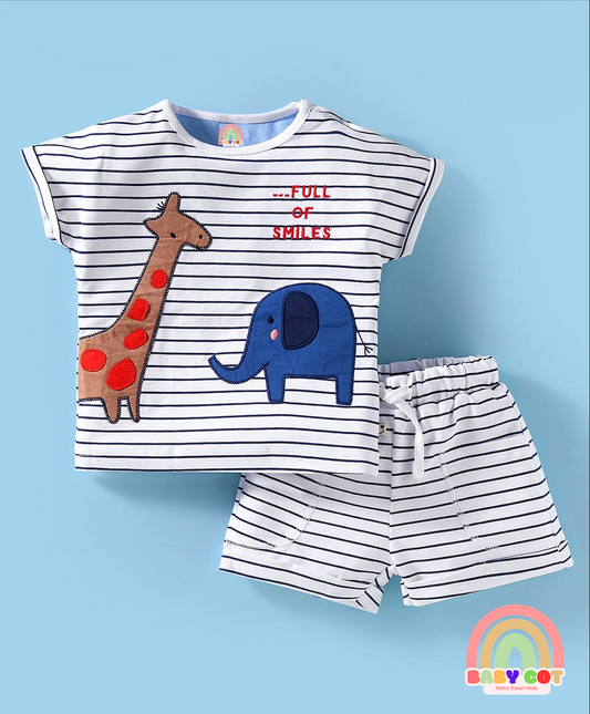 Interlock Knit Half Sleeves Striped T-Shirt & Shorts Set With Animal Print - White