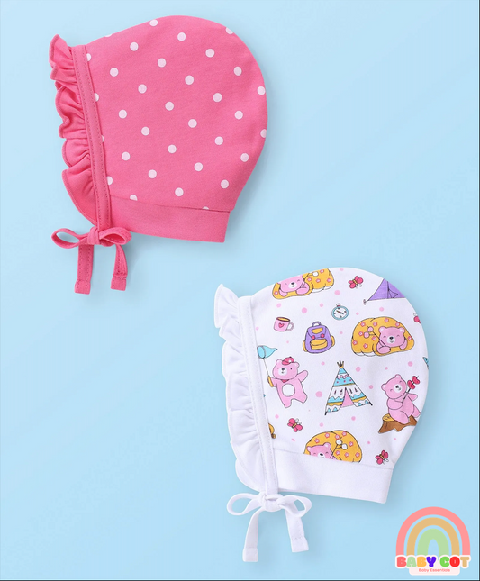 100% Cotton Cap with Knot Polka Dot & Bear Print Pack of 2 - Pink