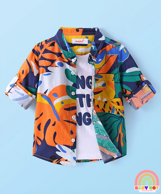 otton Woven Full Sleeves Jungle Theme Printed Shirt with Inner T-Shirt - Multicolor