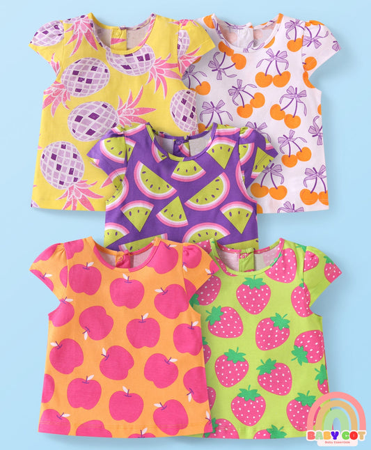 Cotton Knit Cap Sleeves T-Shirts with with Fruits Print Pack of 5 - Multicolor
