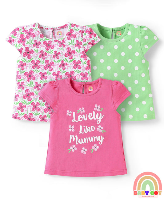 Cotton Knit Half Sleeves T-Shirts With Polka Dot & Floral Print Pack Of 3 - Pink & Light Green