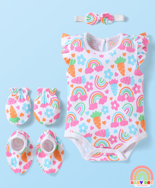 100% Cotton Interlock Knit Sleeveless Onesie with Hair Band Booties & Mittens with Floral & Tropical Print - White & Pink