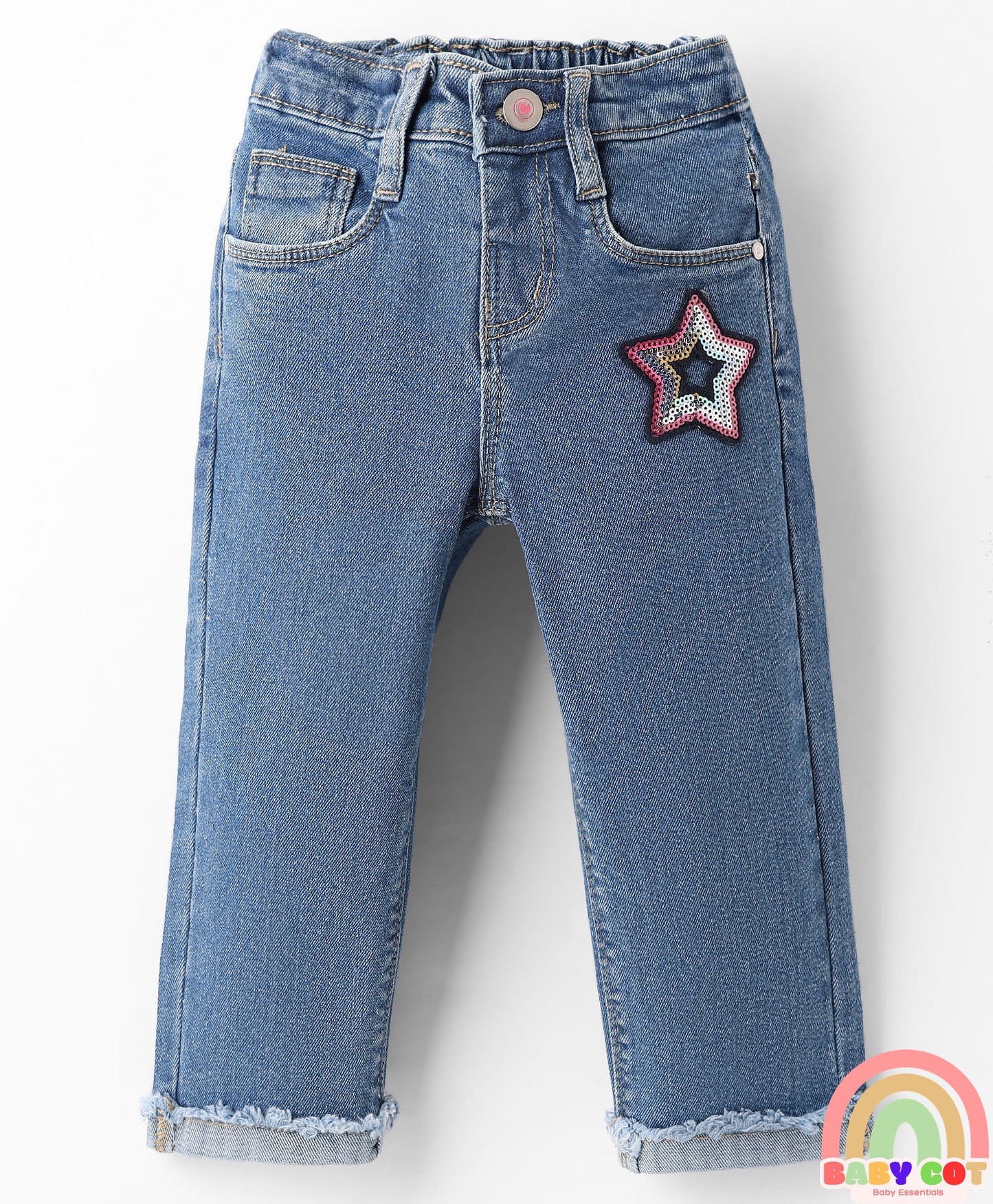 Full Length Washed Denim Jeans With Sequin Detailing & Stretch - Blue