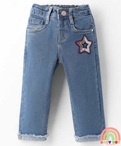 Full Length Washed Denim Jeans With Sequin Detailing & Stretch - Blue