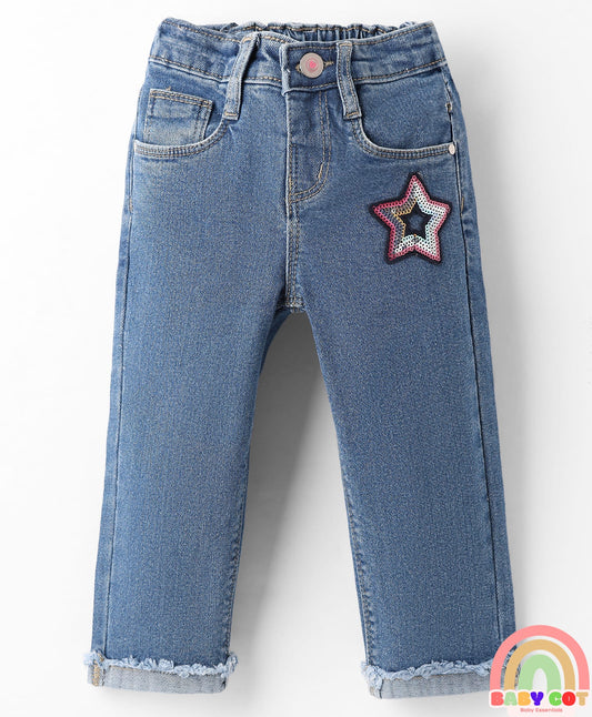 Full Length Washed Denim Jeans With Sequin Detailing & Stretch - Blue