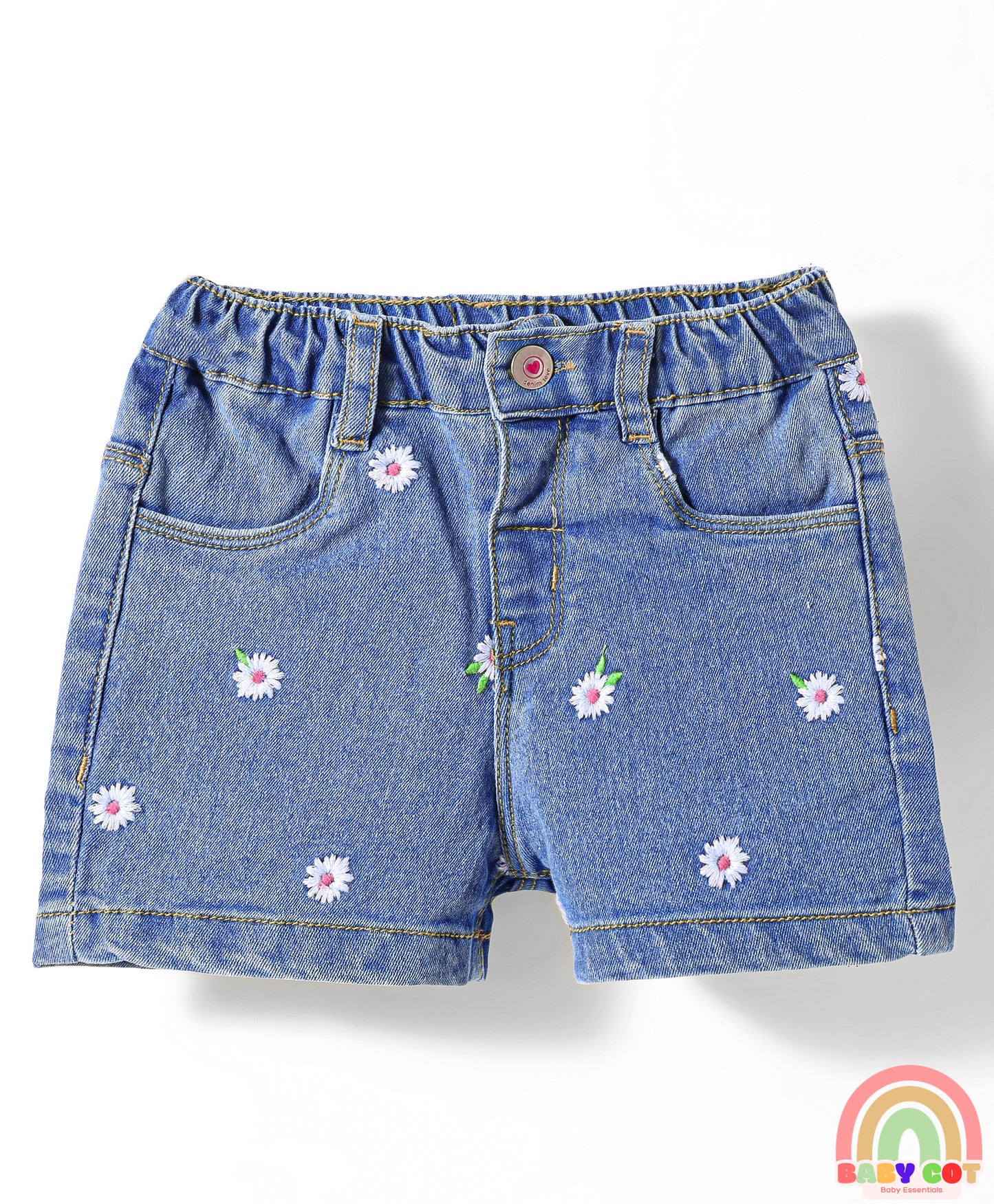 Denim Mid Thigh Shorts With Floral Embroidery & Stretch- Blue