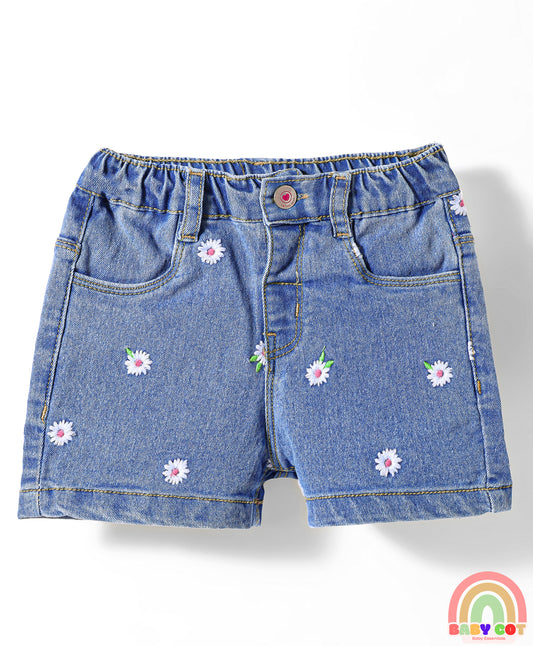 Denim Mid Thigh Shorts With Floral Embroidery & Stretch- Blue