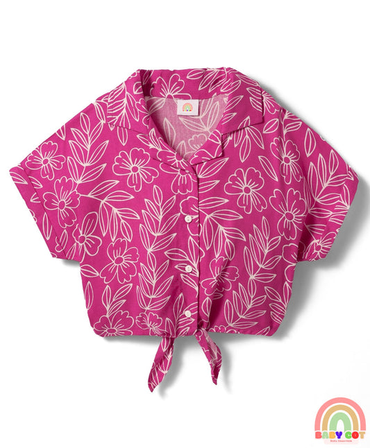 Woven Half Sleeves Knotted Top with Floral Print - Dark Pink