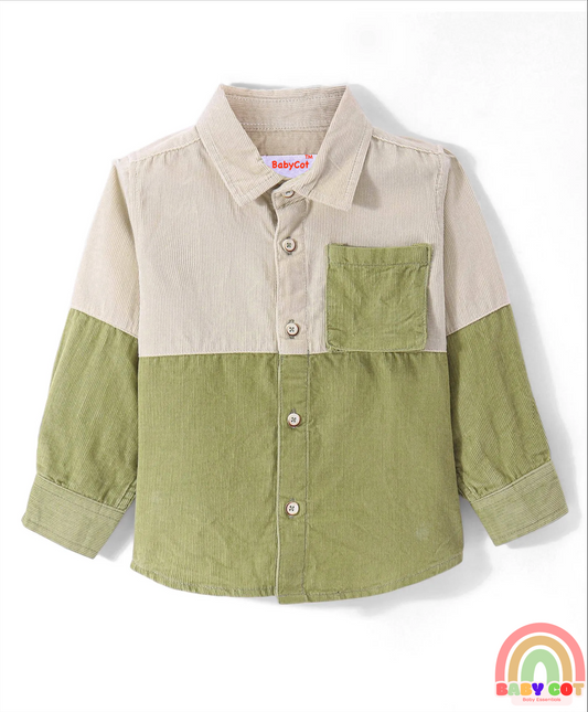 Cotton Woven Full Sleeves Colour Block Courdroy Shirt - Olive Green & White