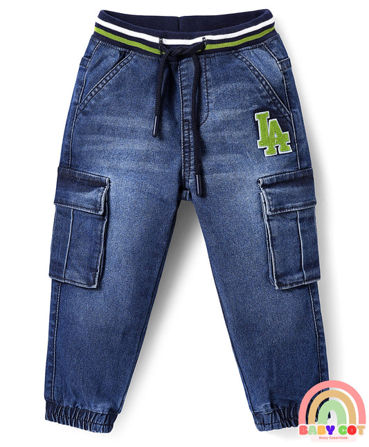 Full Length Washed Denim Jeans with Stretch & Patch Detailing - Blue