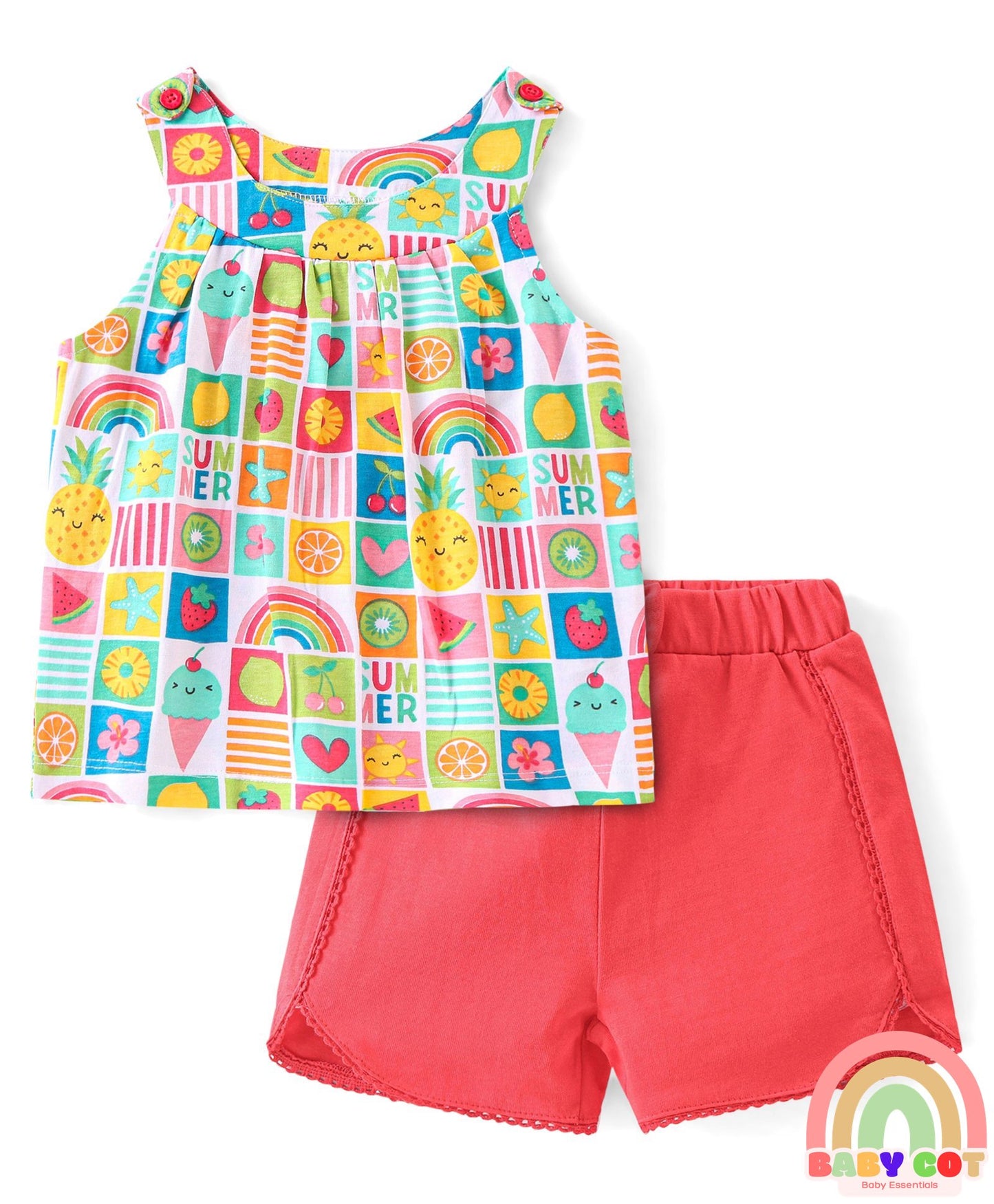 100% Cotton Knit Sleeveless Top & Shorts Set with Fruit Print - Multicolor