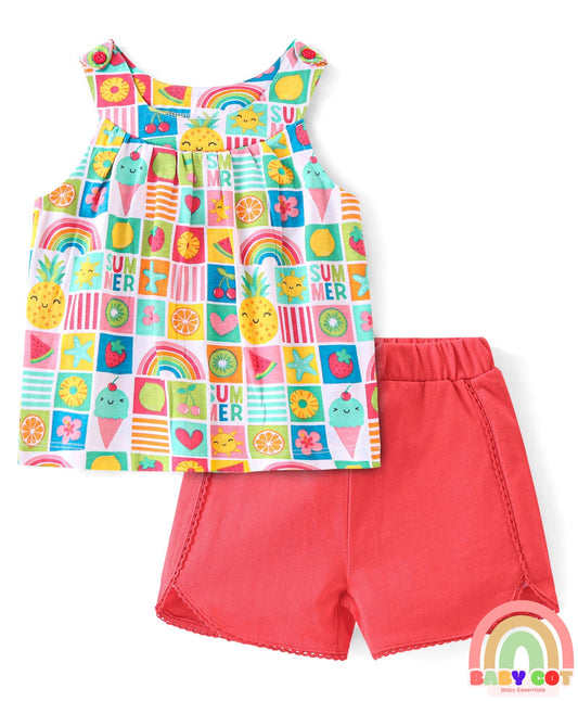 100% Cotton Knit Sleeveless Top & Shorts Set with Fruit Print - Multicolor
