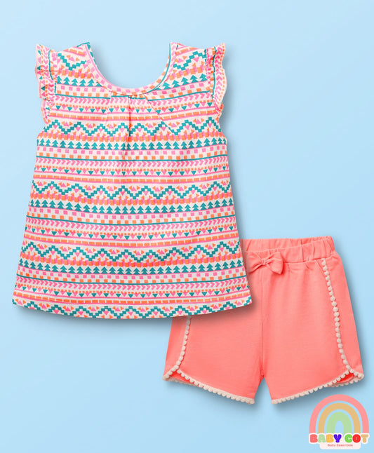 Cotton Sleeveless Printed Top & Shorts Set with Bow Applique - White & Pink