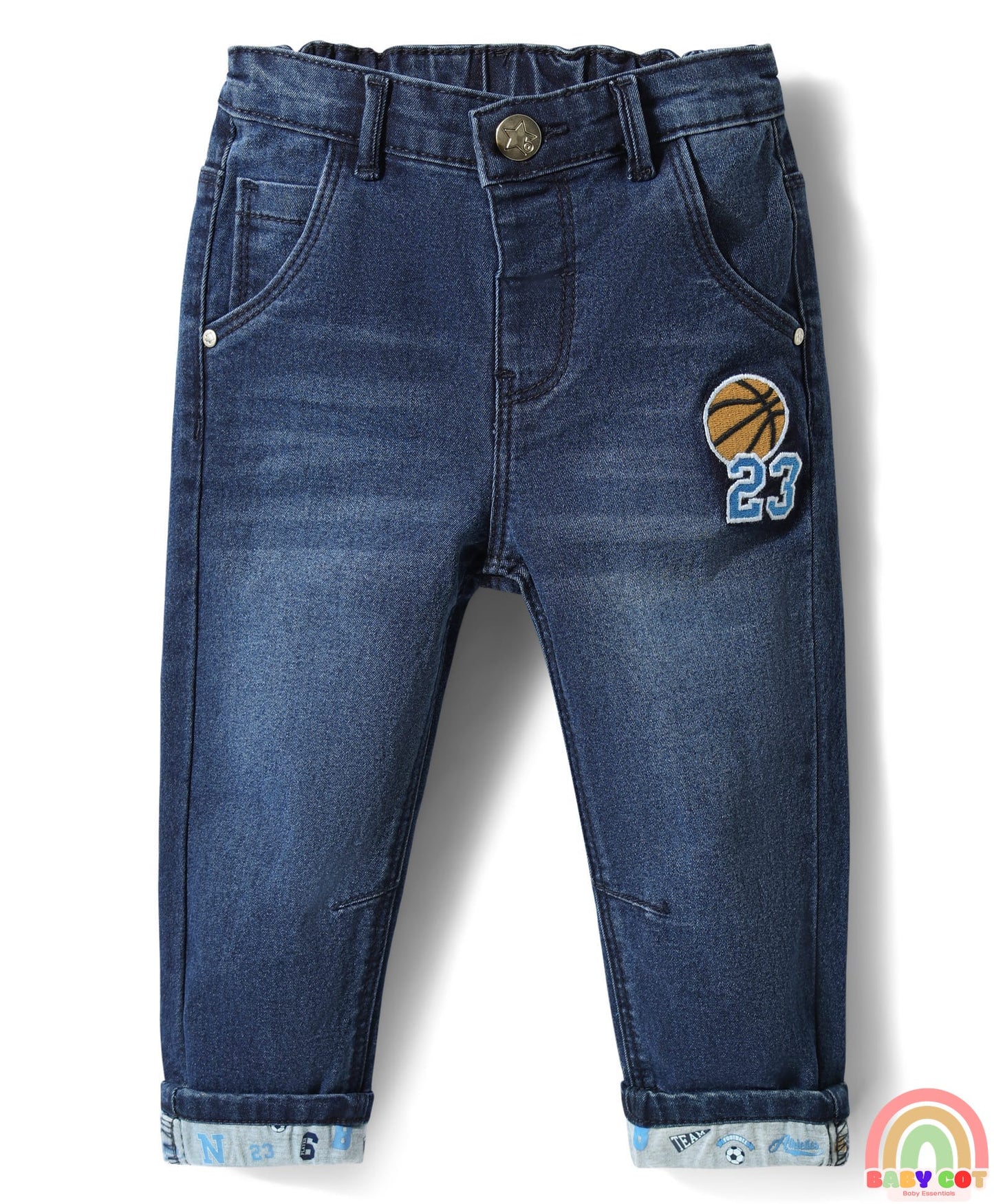 Denim Full Length Jeans With Text Embroidery - Navy Blue