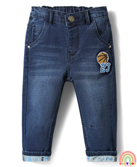 Denim Full Length Jeans With Text Embroidery - Navy Blue