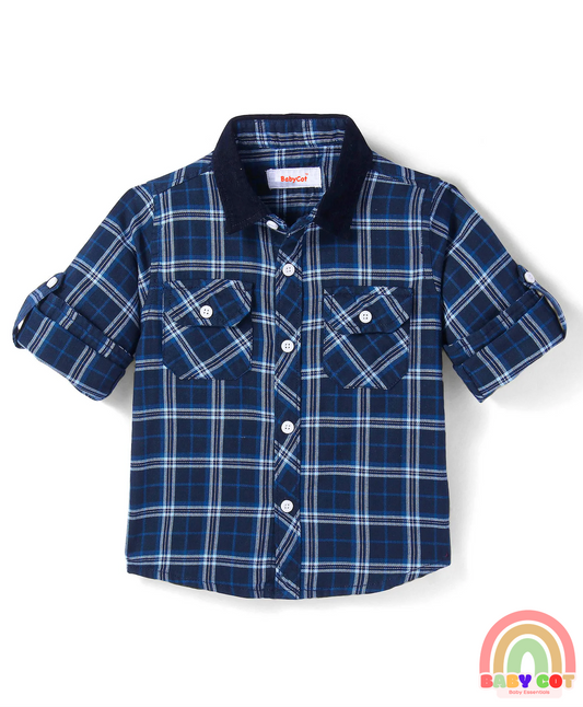 Cotton Woven Full Sleeves Checkered Shirt - Navy Blue
