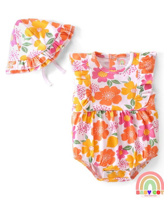 100% Cotton Knit Frill Sleeves Floral Printed Onesie with Cap - Multicolour