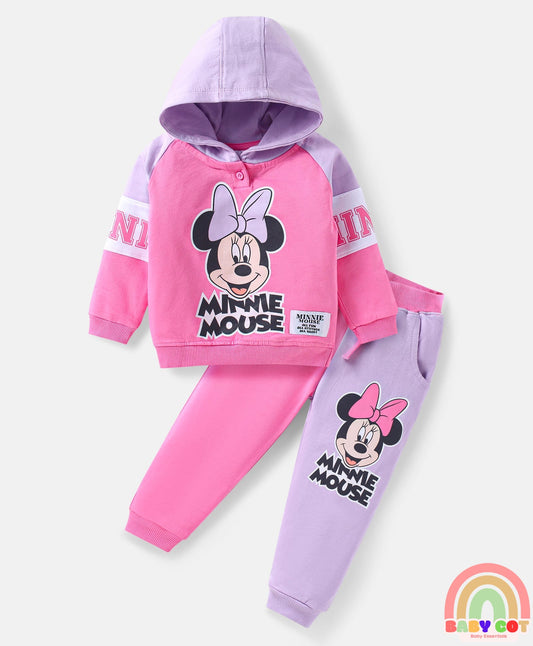 Terry Knit Full Raglan Sleeves Hooded Sweatshirt & Lounge Pant with Minnie Mouse Graphics - Pink & Lilac