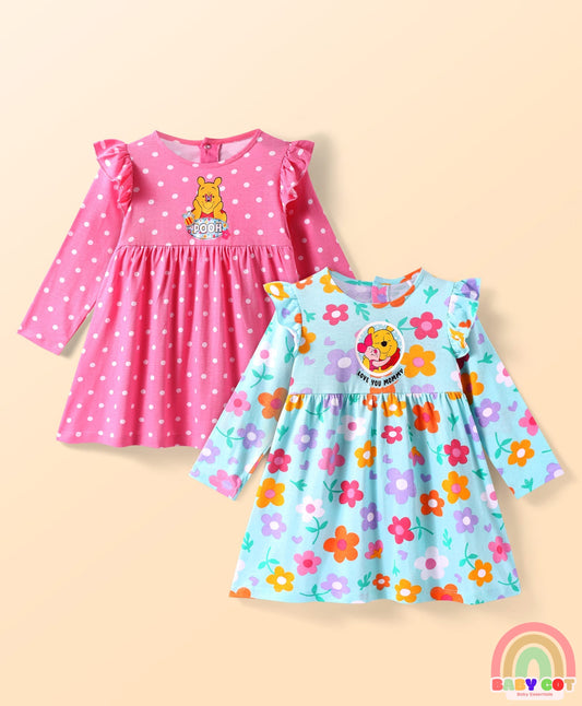 Single Jersey Knit Full Sleeves Frock With Winnie The Pooh Graphics & Frill Detailing Pack of 2 - Dark Pink & Light Blue