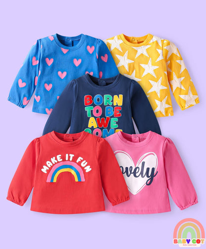 Cotton Knit Full Sleeves T-Shirt with Text Print Pack of 5 - Multicolor