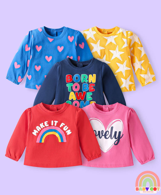Cotton Knit Full Sleeves T-Shirt with Text Print Pack of 5 - Multicolor