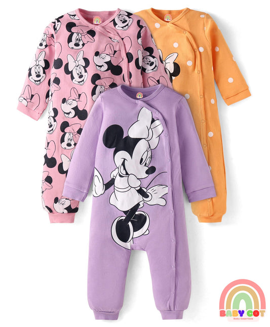 Interlock Knit Full Sleeves Front Open Minnie Mouse Printed Rompers Pack of 3 - Lilac Yellow & Pink