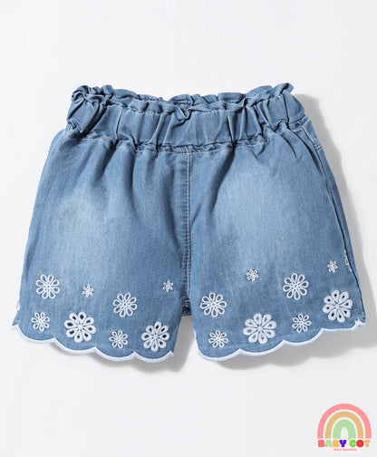 Woven Knee Length Denim Shorts With Floral Embroidery & Adjustable Elastic - Light Blue