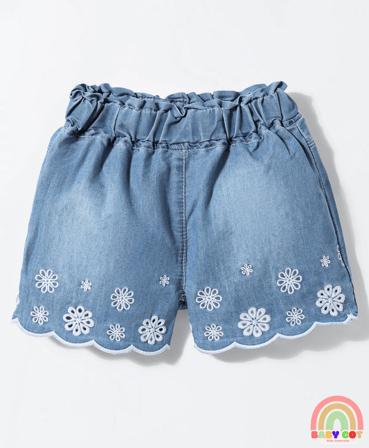 Woven Knee Length Denim Shorts With Floral Embroidery & Adjustable Elastic - Light Blue