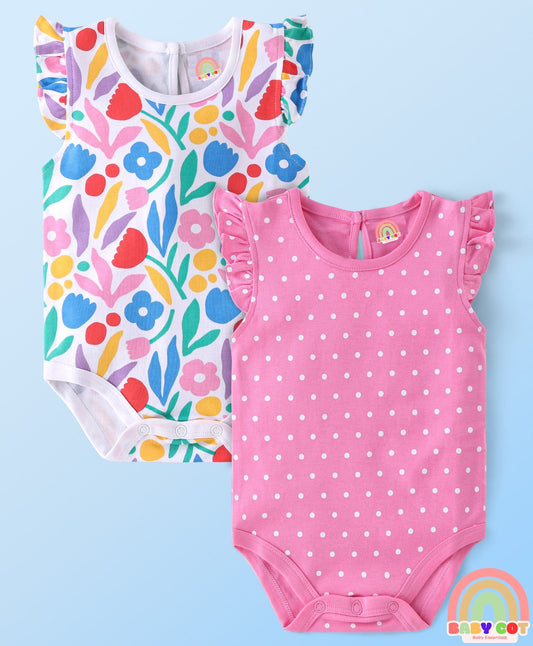 100% Cotton Knit Frill Sleeves Floral & Polka Dots Printed Onesies Pack of 2 - Multicolour