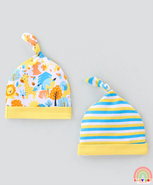 100% Cotton Knit Cap Animal Print Pack of 2 - Blue & Yellow
