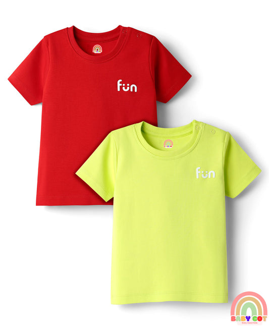 Interlock Knit Half Sleeves T-Shirts with Text Print Pack of 2 - Red & Light Green