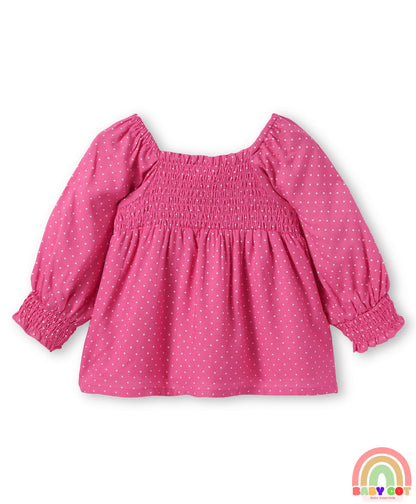 Rayon Woven Full Sleeves Top with Polka Dot Print & Smocked Detailing - Dark Pink