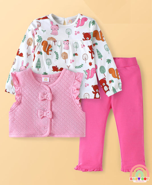 100% Cotton Knit Full Sleeves Animal Printed Top & Leggings Set with Jacket & Bow Applique - Dark Pink & White