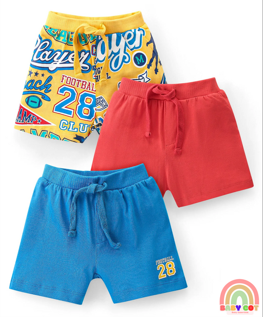 Cotton Knit Shorts With Varsity Print Pack Of 3 - Red Blue & Yellow