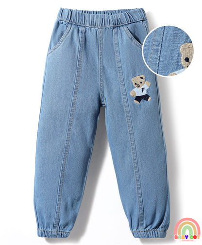 Cut & Sew Denim Full Length With Embroidery Detailing - Light Blue