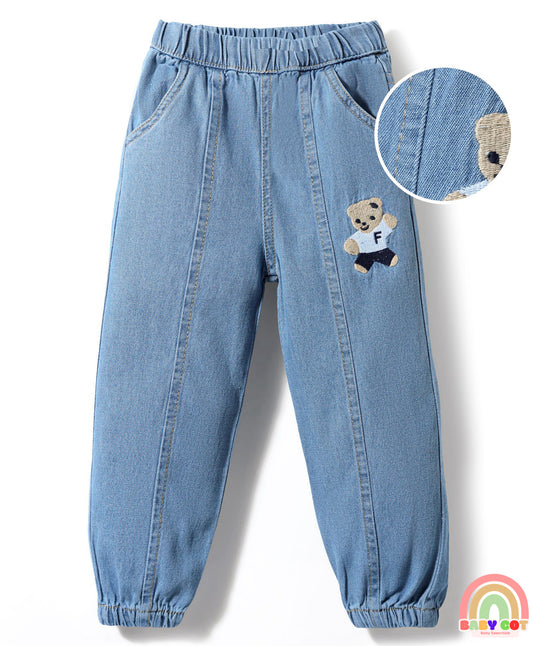 Cut & Sew Denim Full Length With Embroidery Detailing - Light Blue