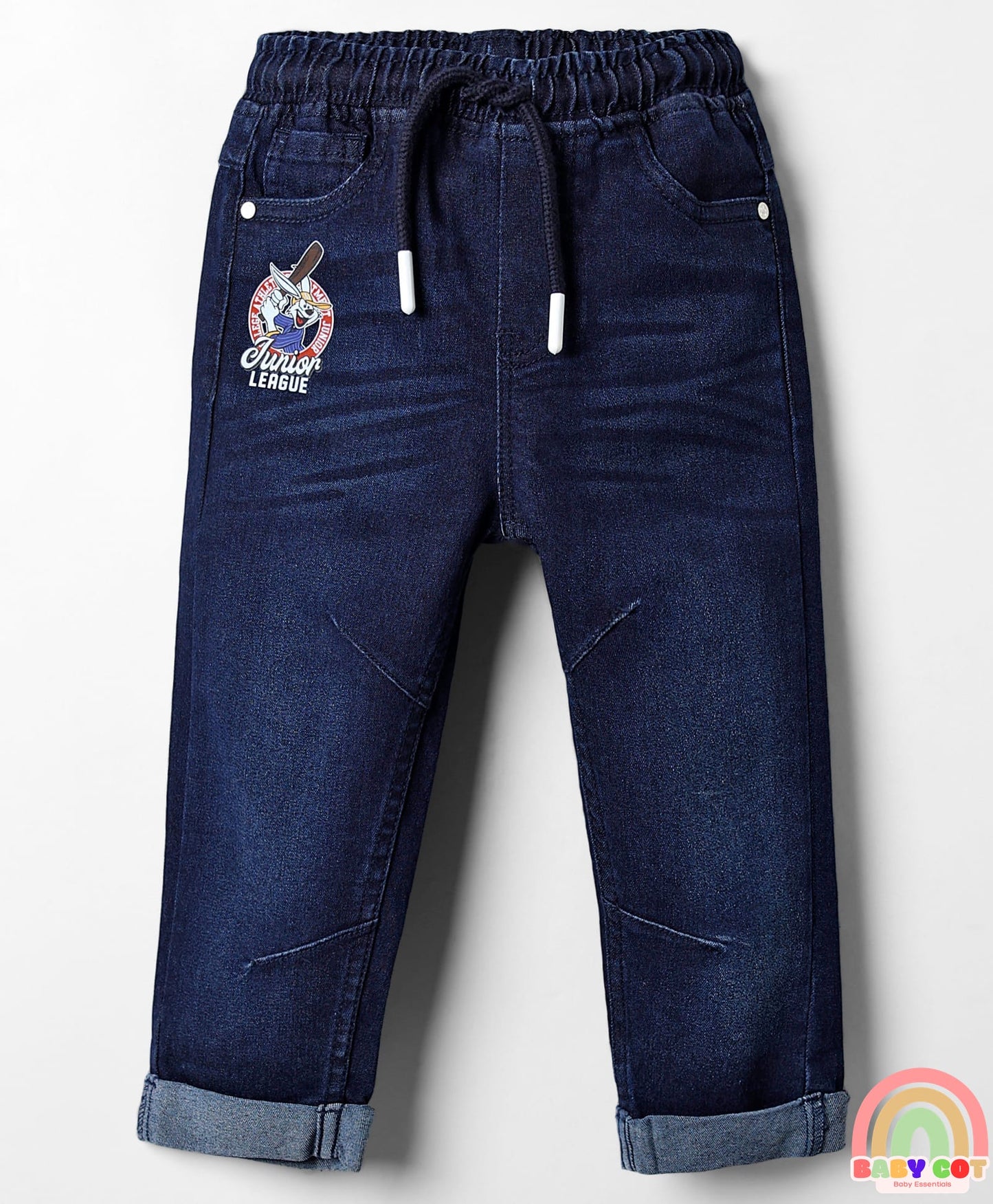Denim Full Length Washed Jeans With Stretch & Text Print - Navy Blue